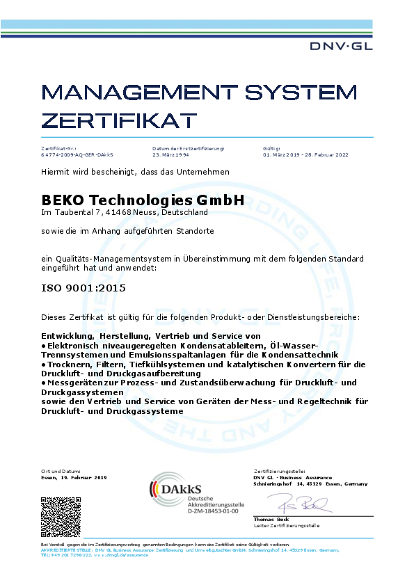 ISO 9001 BEKO TECHNOLOGIES GMBH